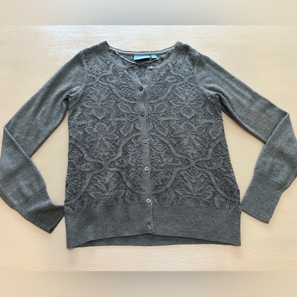 Simply Vera Vera Wang Gray Metallic Brocade Floral Button Front Cardigan Size M